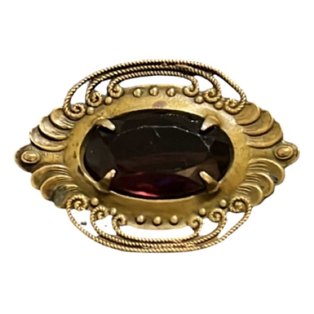 Antique Victorian Bronze Peacock Purple Czech Glass Brooch